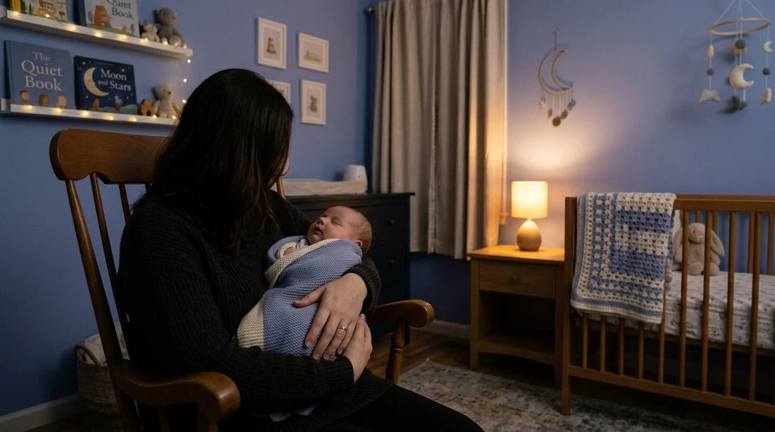 Mother rocking her baby to sleep in a dimly lit nursery.