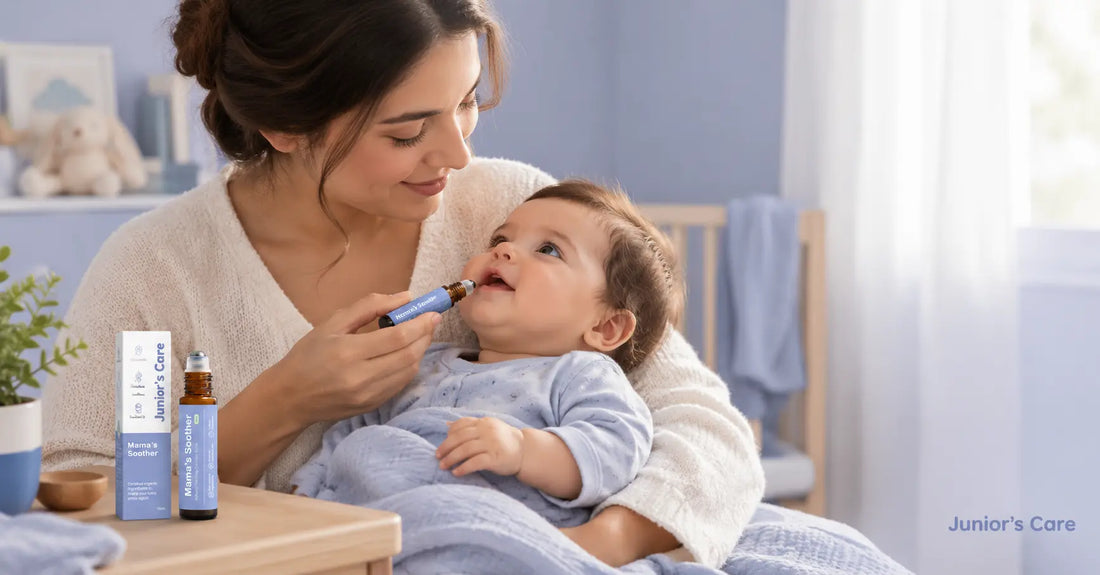 mom applying junior's care natural teething comfort roller to her baby.